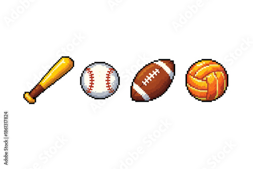 Pixel art sports equipment: baseball bat, baseball, football, and volleyball
