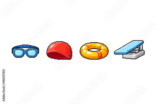 Pixel art swimming equipment: goggles, cap, lifebuoy, and diving board