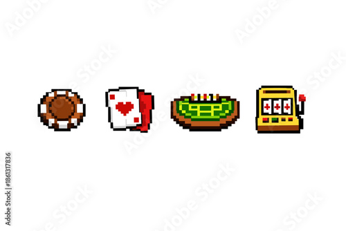 Pixel art casino icons: poker chip, playing cards, roulette table, and slot machine