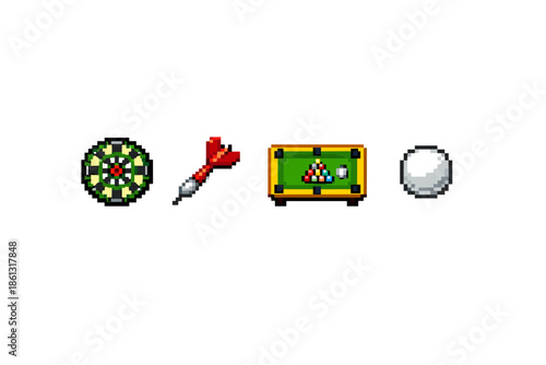 Pixel art icons of dartboard, dart, pool table, and billiard ball on white background