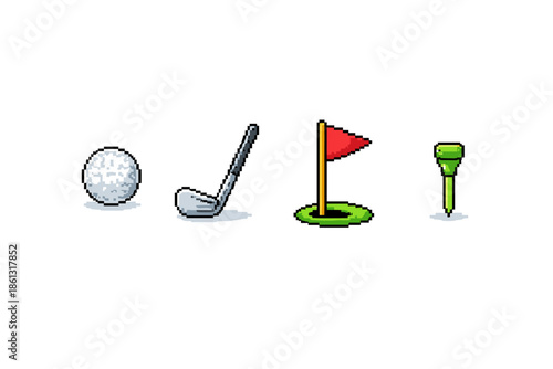 Pixel art golf icons: ball, club, hole with flag, and tee on white background