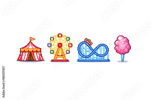 Pixel art amusement park icons: circus tent, Ferris wheel, roller coaster, and cotton candy