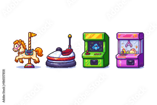 Pixel art collection of amusement park and arcade game icons