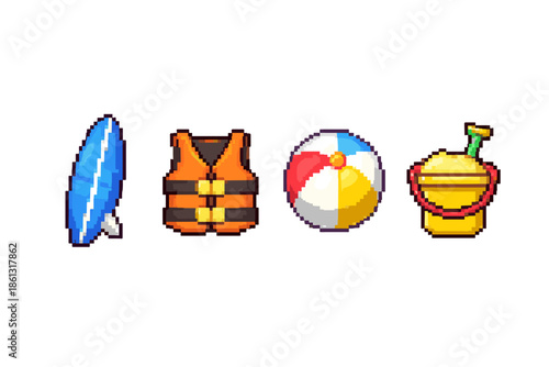 Pixel art summer vacation icons: surfboard, life vest, beach ball, and sand bucket
