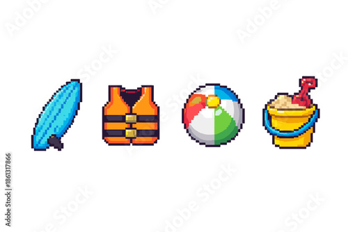 Pixel art collection of beach and water sport items on a white background