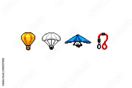 Pixel art icons of air travel and adventure sports equipment
