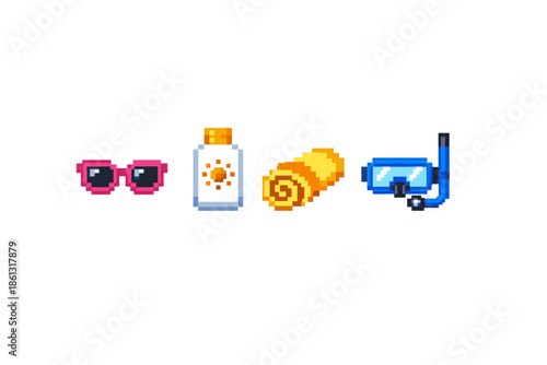 Pixel art summer vacation essentials: sunglasses, sunscreen, towel, and snorkel gear