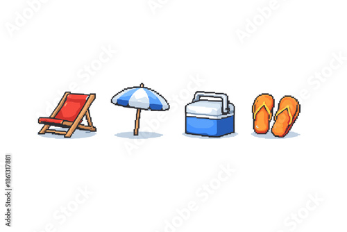Pixel art beach essentials: deck chair, umbrella, cooler, and flip-flops