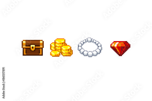 Pixel art treasure chest, gold coins, pearl necklace, and ruby gem icons