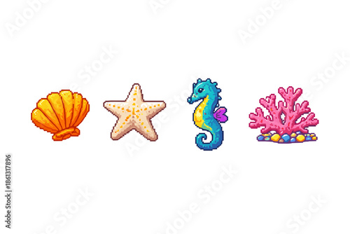 Pixel art collection of marine life: seashell, starfish, seahorse, and coral