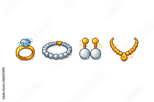 Pixel art jewelry set: diamond ring, pearl bracelet, earrings, and gold necklace