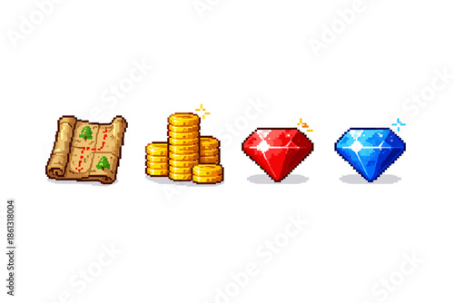 Pixel art treasure icons: map, gold coins, red and blue gems for game assets