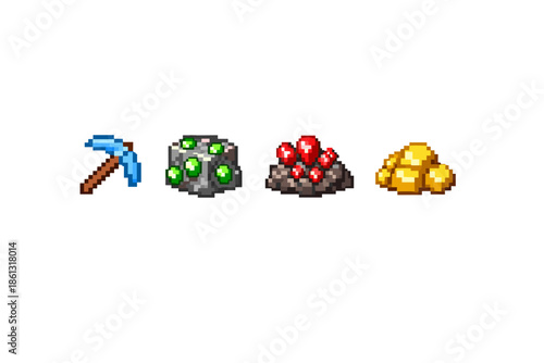 Pixel art mining tools and precious gems, including pickaxe, emerald ore, ruby ore, and gold nuggets