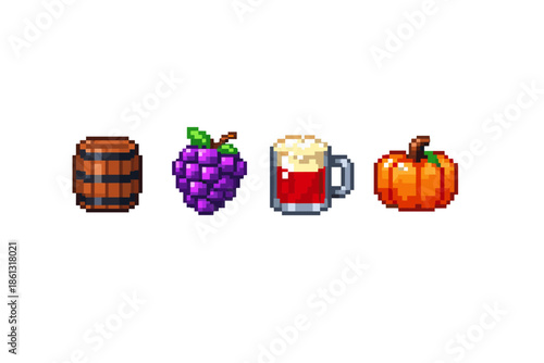 Pixel art icons of a barrel, grapes, mug of drink, and pumpkin on white background
