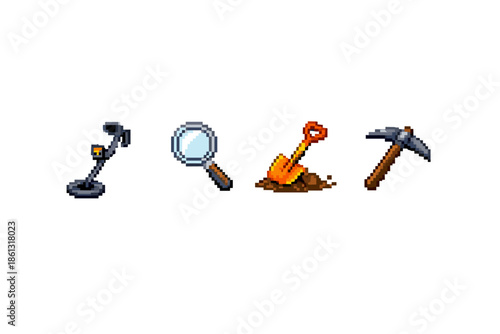 Pixel art icons for metal detector, magnifying glass, shovel, and pickaxe for treasure hunting