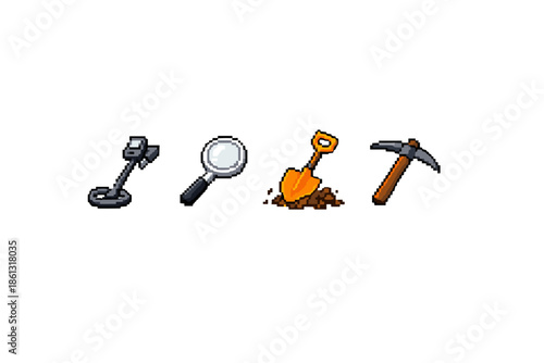 Pixel art icons of tools for discovery and excavation, including metal detector, magnifying glass, shovel, and pickaxe