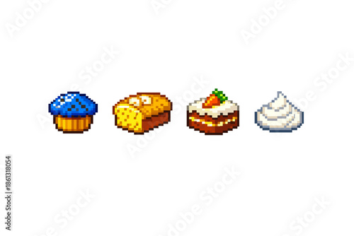 Pixel art icons of baked goods including a cupcake, loaf, cake, and whipped cream