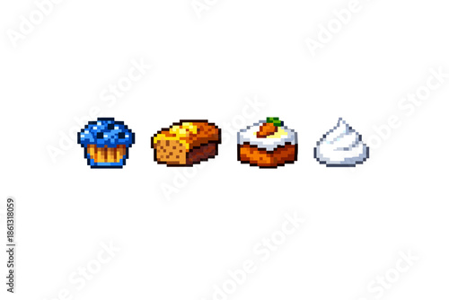 Pixel art icons of baked goods: blueberry muffin, loaf cake, carrot cake, and whipped cream