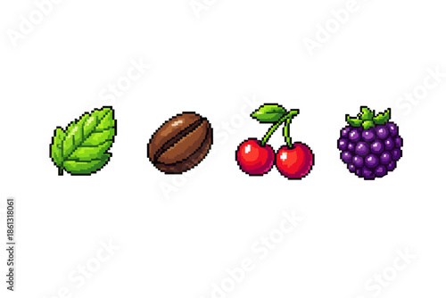 Pixel art icons of a mint leaf, coffee bean, cherries, and blackberry