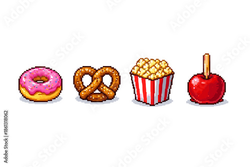 Pixel art collection of classic fairground treats: donut, pretzel, popcorn, and candy apple