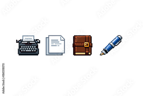 Pixel art icons of writing tools and documents for creative projects