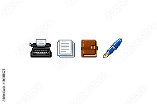 Pixel art icons of writing tools: typewriter, paper, notebook, and pen