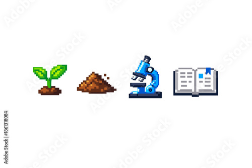 Pixel art icons representing plant growth, soil, microscope, and open book