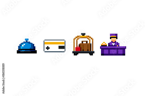 Pixel art hotel icons: bellhop, luggage cart, key card, and reception desk