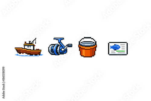 Pixel art fishing icons: boat, reel, bucket, and fish chart for game design