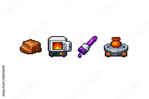 Pixel art icons for crafting: clay, furnace, brush, and pottery wheel
