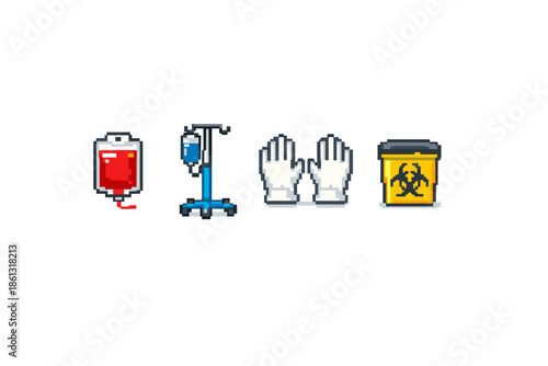Pixel art medical icons: blood bag, IV drip, gloves, and biohazard bin