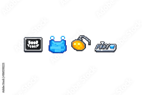 Pixel art icons of dental care, baby bib, shower head, and dental tray