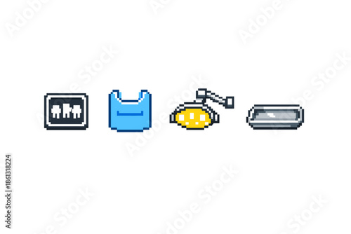 Pixel art icons representing medical equipment and supplies for healthcare settings