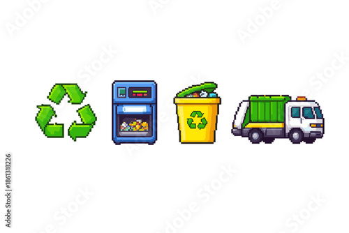 Pixel art icons for recycling, waste management, and garbage truck services