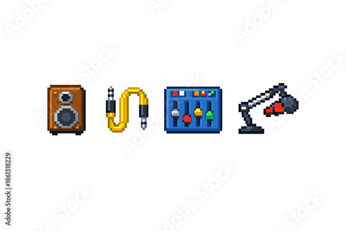 Pixel art icons of audio equipment for music production and broadcasting