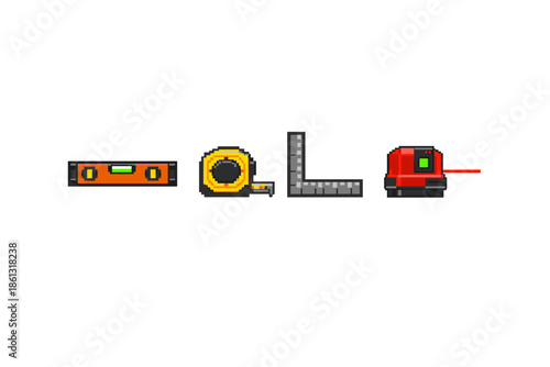 Pixel art construction tools: level, tape measure, square, and laser level