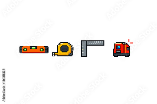 Pixel art icons of construction measuring tools: level, tape measure, square, and laser