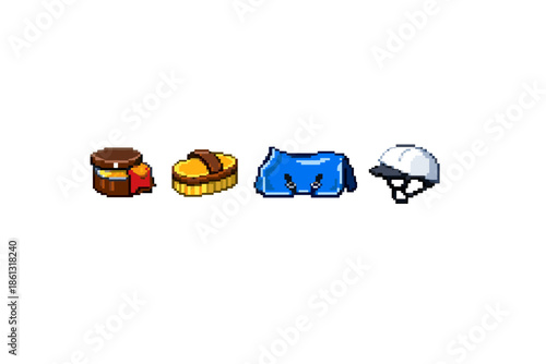 Pixel art equestrian grooming kit and riding helmet icons on white background