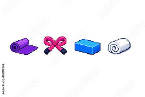 Pixel art icons of yoga mat, jump rope, yoga block, and rolled towel for fitness