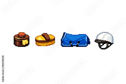 Pixel art icons of horse grooming tools and equestrian gear