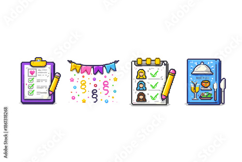 Pixel art icons for planning, events, and dining experiences