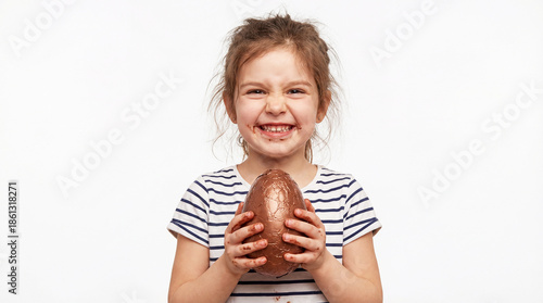 Portrait of a happy beautiful child with a chocolate easter egg in his hands