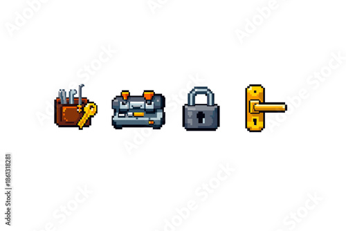 Pixel art icons for locksmith tools, lock, and door handle on white background
