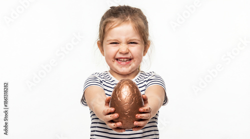 Portrait of a happy beautiful child with a chocolate easter egg in his hands