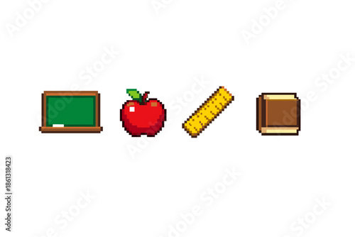 Pixel art school supplies: chalkboard, apple, ruler, and book on white background