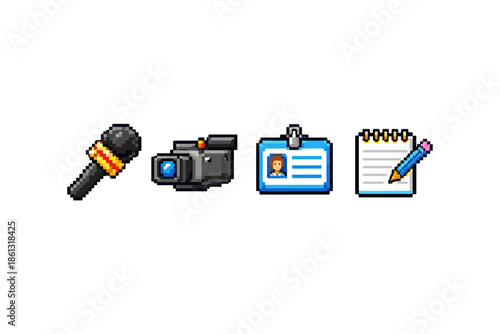Pixel art icons for journalism and media, including microphone, camera, ID, and notepad