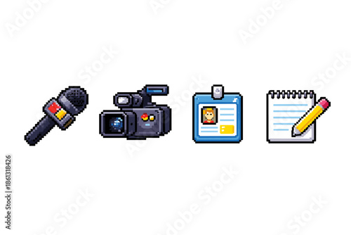 Pixel art icons for journalism, broadcasting, and media production tools