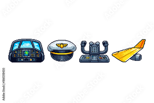 Pixel art aviation icons: cockpit, pilot hat, yoke, and airplane