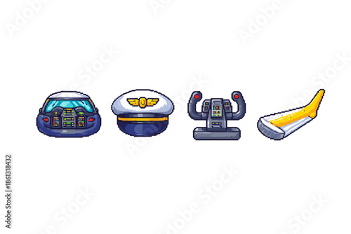 Pixel art aviation icons: cockpit, pilot hat, yoke, and winglet