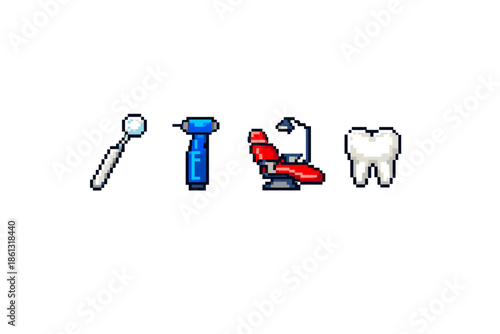 Pixel art dental tools and tooth icon set for oral hygiene and dental care